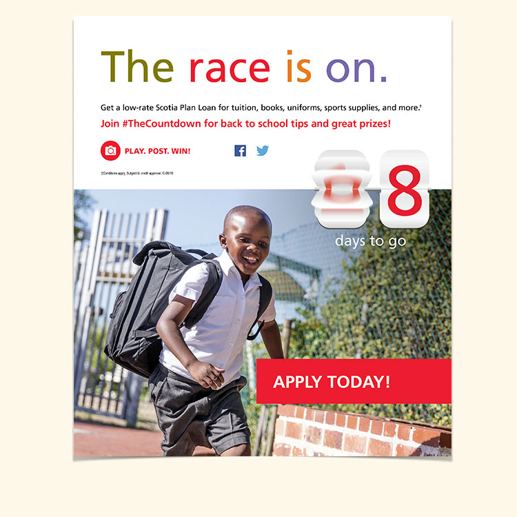 Poster for Scotiabank Plan Loan with a countdown and child  running