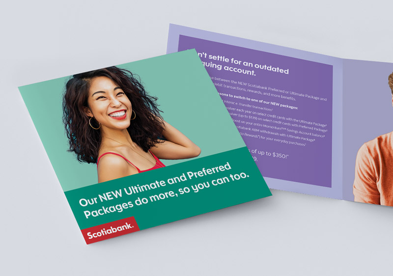 Direct mail piece for new Scotiabank Packages featuring smiling woman