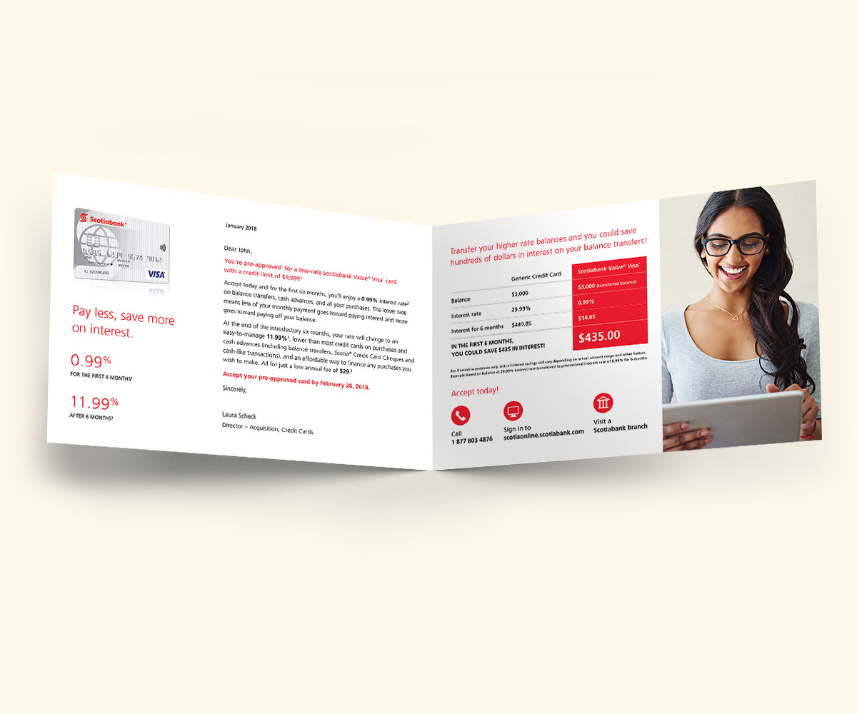 Inside of direct mail piece for Scotiabank credit card with woman holding tablet