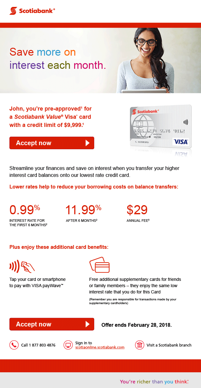 Scotiabank credit card offer email on a tablet